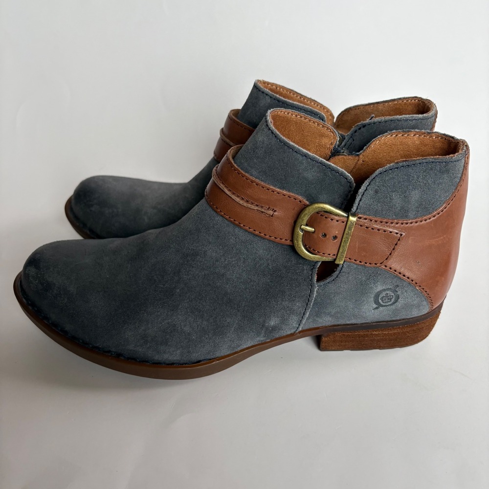 Born Kati Ankle Boots Womens 8 Blue Grey Suede Brown Leather Buckle Booties - Picture 8 of 12